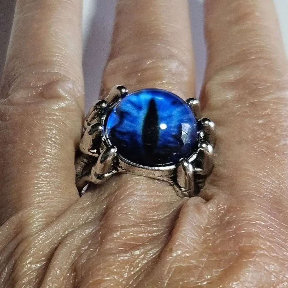 Skull Demon Blue Eye Rings - Silver Tone Ring Adjustable Fashion Jewelry